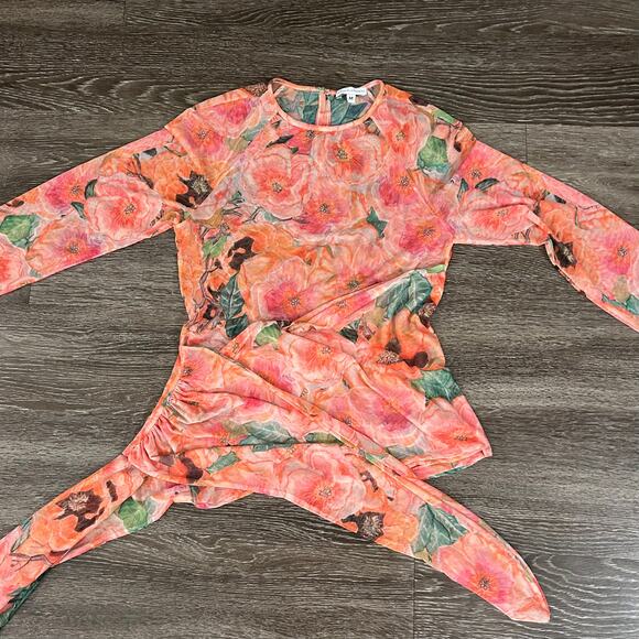 Ala Von Auersperg Mesh Top Taj Floral Print Sheer Long Sleeve Tie Waist Pink M - Picture 9 of 16